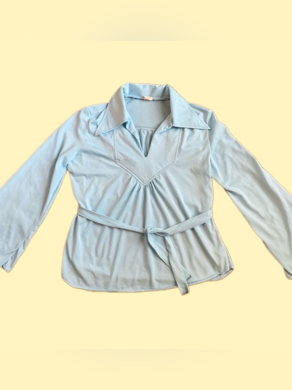 Genuine Vintage 1970’s Light Blue Bell Sleeved Top, Dagger Collar, Matching Belt